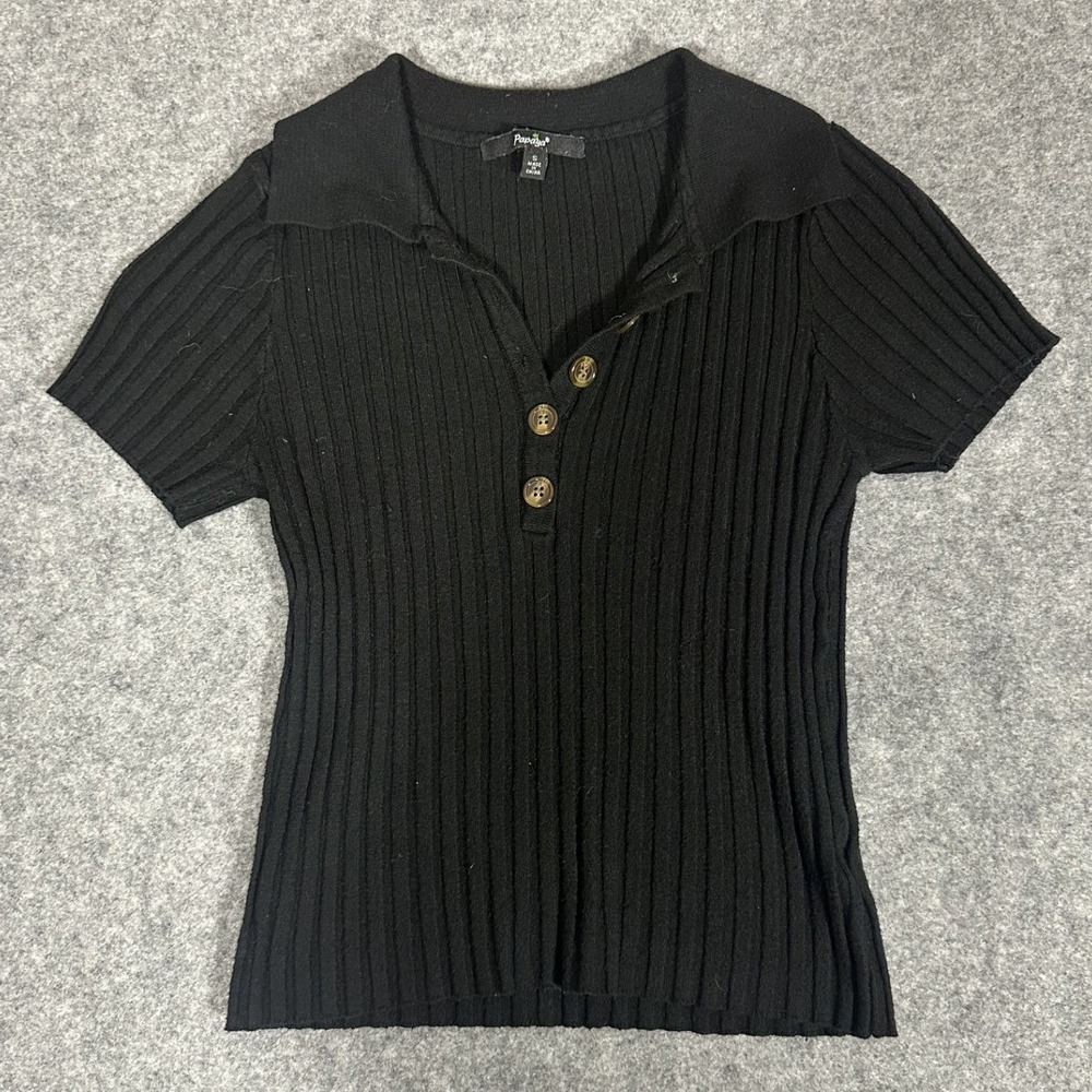 Papaya Ribbed Knit Polo‎ Top S Black Short Sleeve Button Front Collar